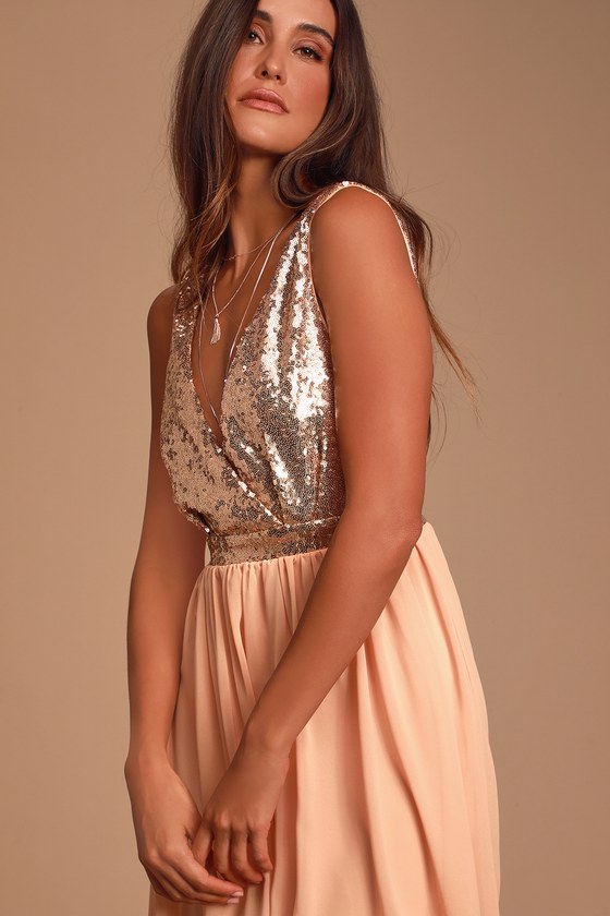 Lovely Rose Gold Maxi Dress - Plunge ...
